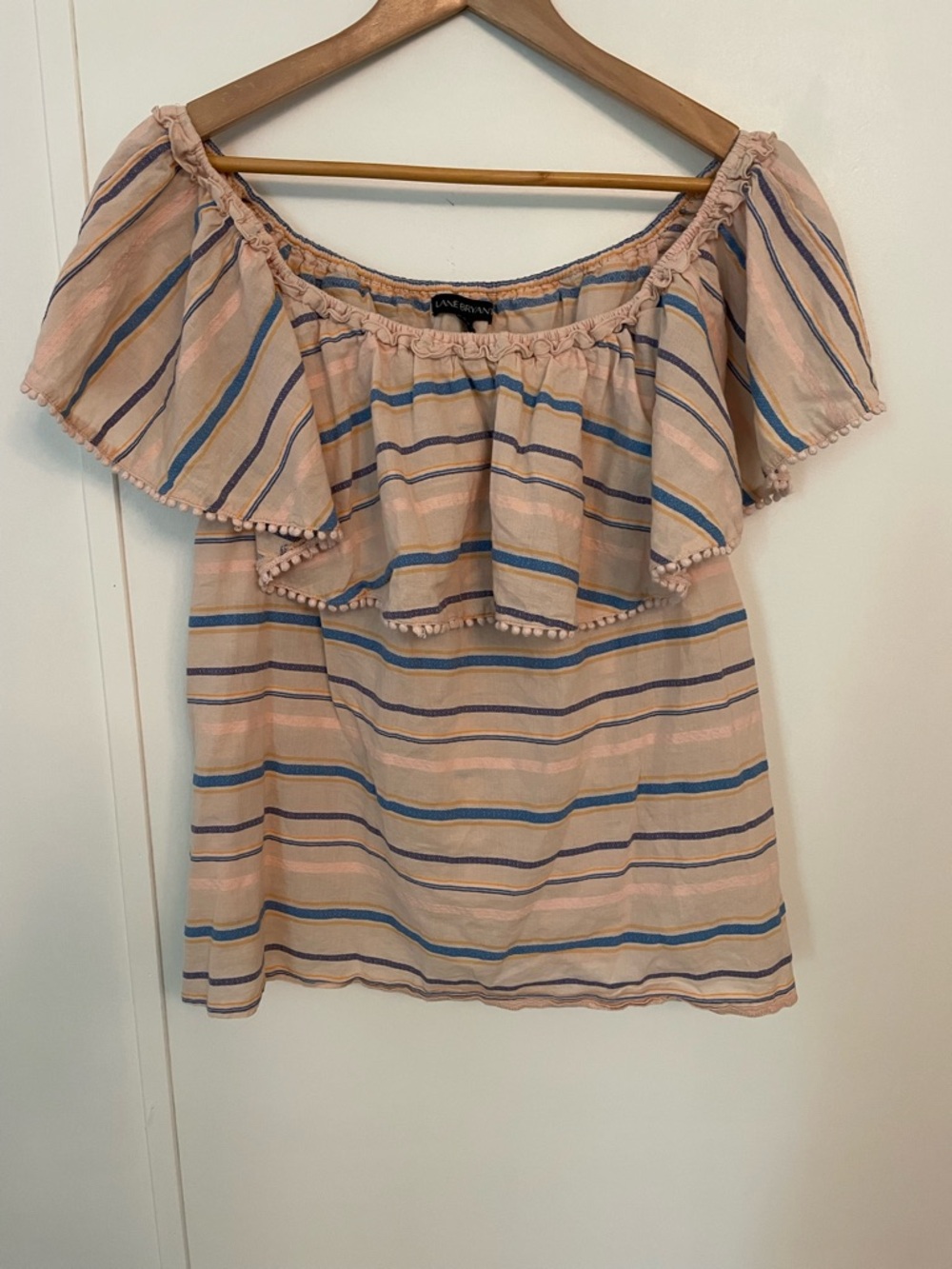 Lane Bryant Beige Off-Shoulder Striped Ruffle Top Size 14/16 lightweight Boho - Picture 2 of 10
